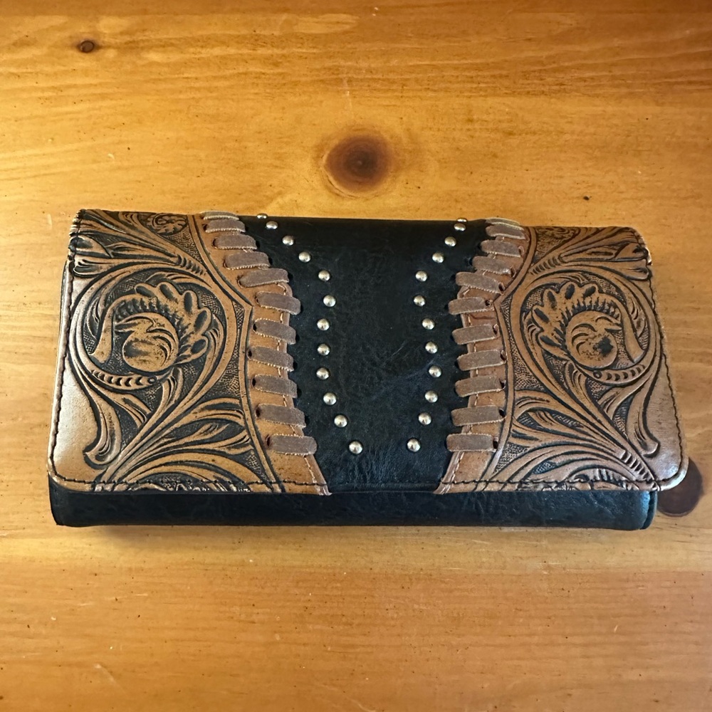 Black and Brown Tooled Leather Wallets with Floral Patterns